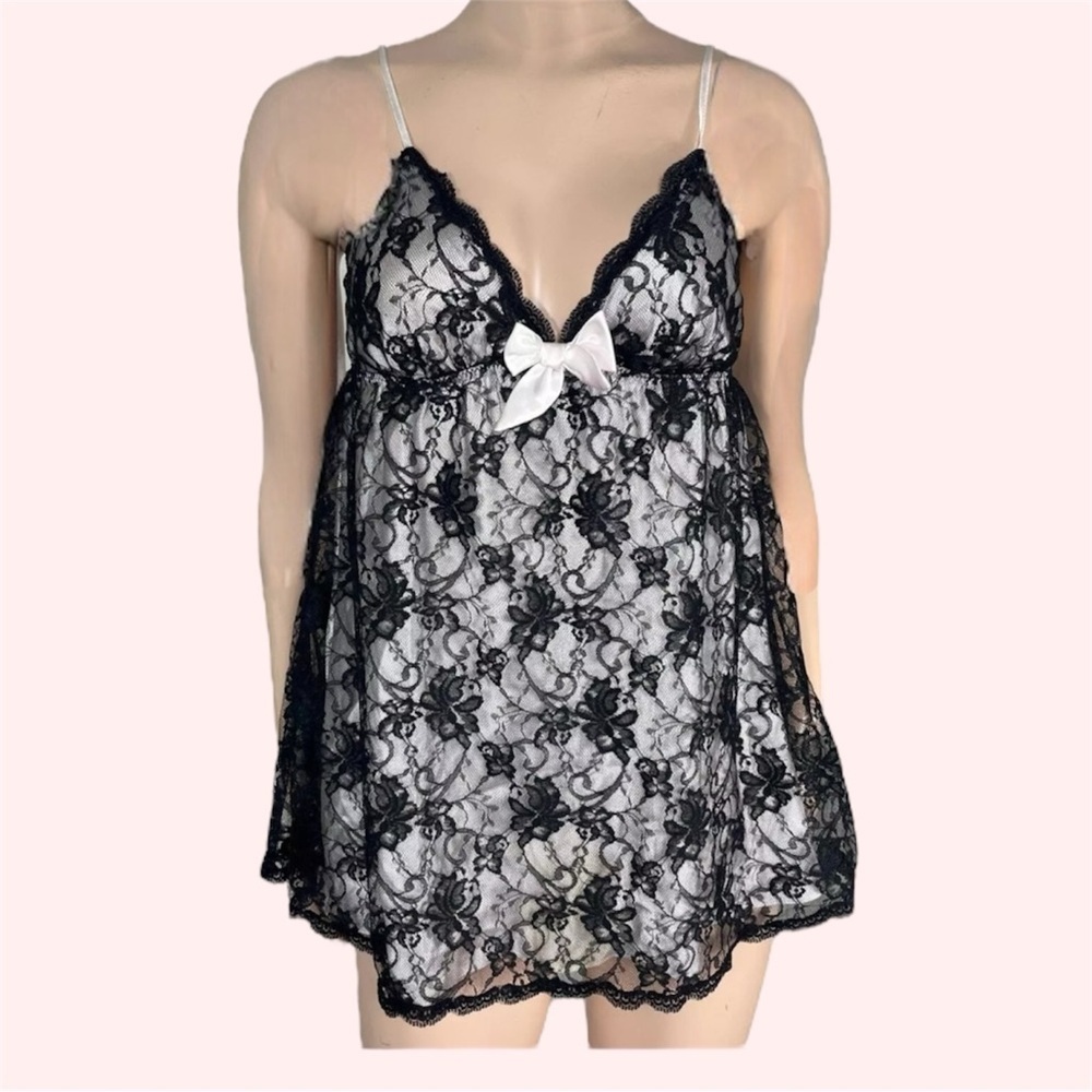 Victorias Secret Babydoll Black Lace & Satin Cami Nightie & Panty Lingerie Set - Picture 3 of 16